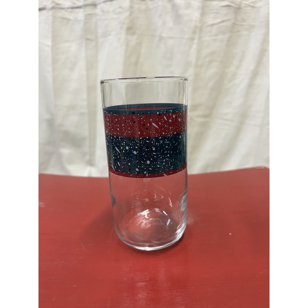 Vtg Tea Water Glasses~Clear w/green/Red Speckled Rings MCM Tumbler